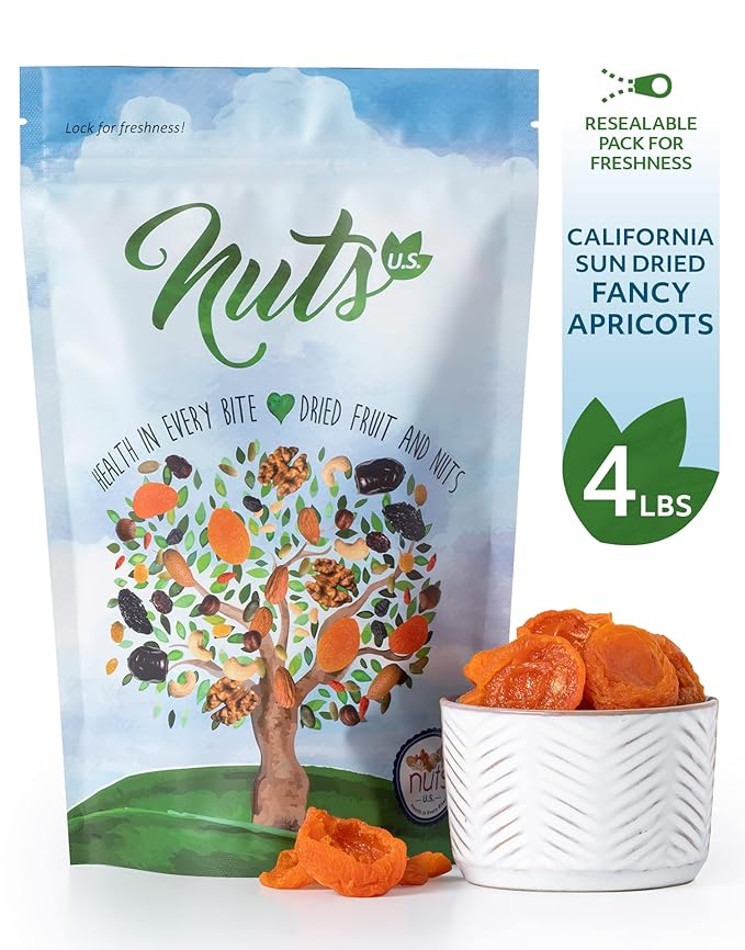 NUTS U.S. - California Sun Dried Fancy Apricots | Juicy and Tangy Flavor | No Sugar or Color Added | Gluten Free and NON-GMO | Apricots In Resealable Bags (4 LBS)