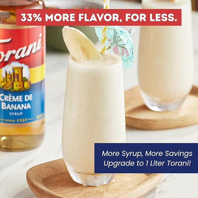 Torani Crème De Banana Syrup 1 Liter Bottle with Pump – Premium Banana Flavoring with Pure Cane Sugar &amp Natural Ingredients for Coffee Cocktails Desserts Smoothies &amp More