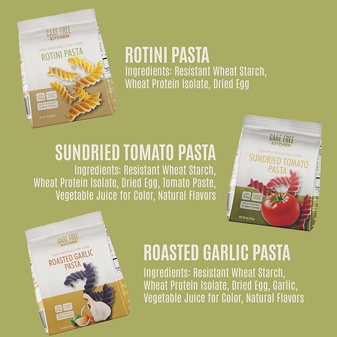 Care Free Kitchen Rotini Keto Pasta Noodles Variety 3-Pack (8 oz. Bags) Plain Sundried Tomato Roasted Garlic 20g High Protein Low Carb 2g Net Carbs 26g High Fiber