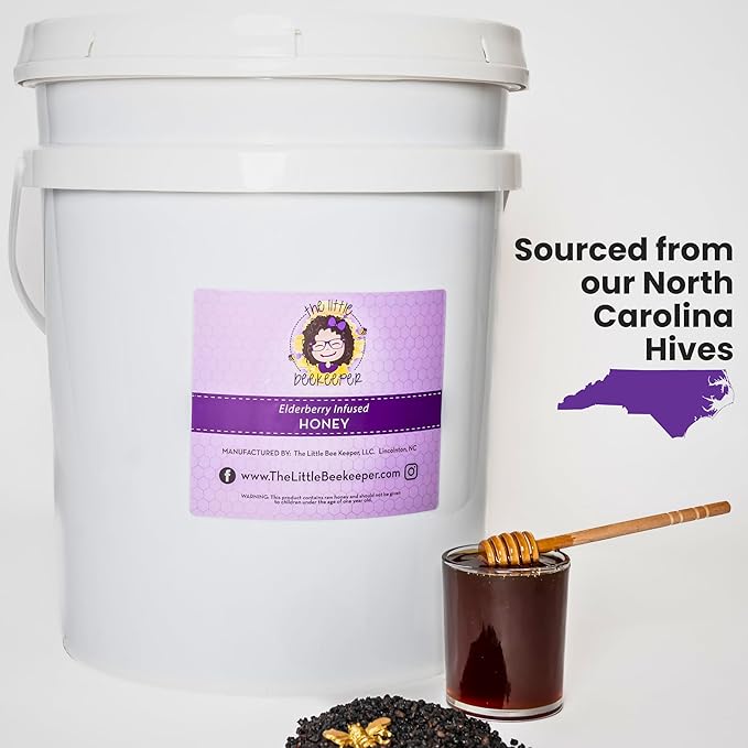 The Little BeeKeeper Elderberry Infused Honey | 60lbs Elderberry-infused Honey | 100% Raw &amp Natural | Immune Support | 5 Gallon Container