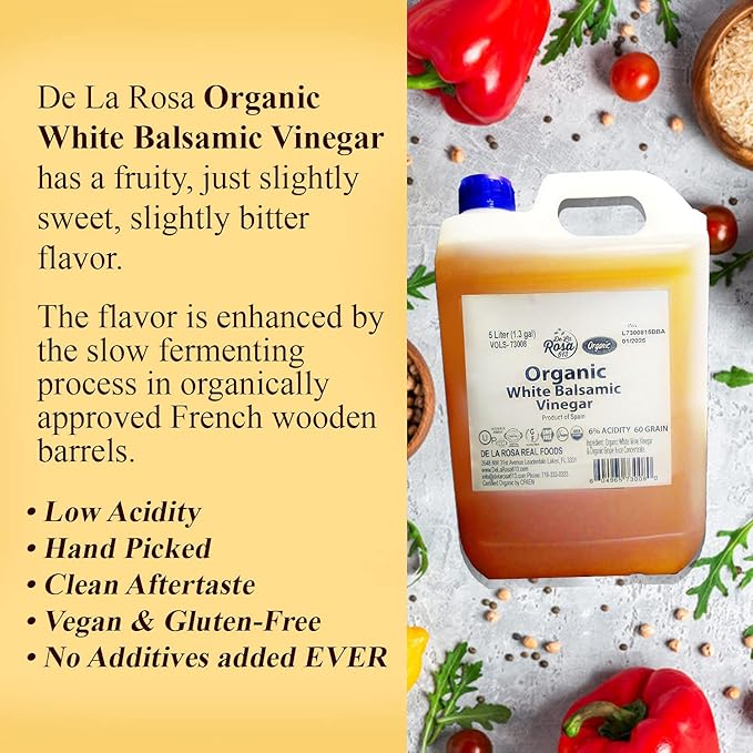 De La Rosa Organic White Balsamic Vinegar Vegan Kosher Non-GMO &amp Gluten Free Great for Salad Dressings Marinades &amp More 5 Liter (Pack of 1)