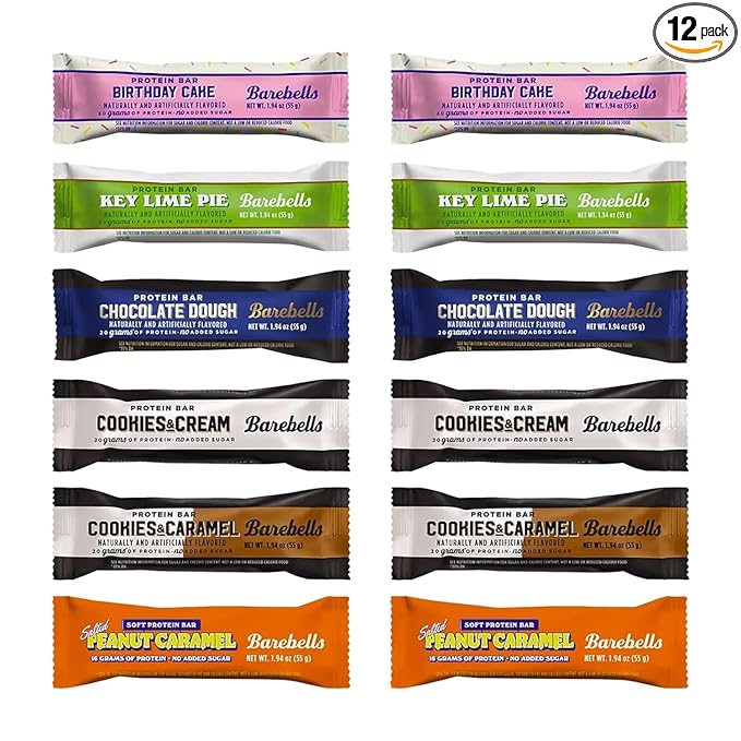 Barebels Protein Bars Variety Pack Birthday Cake Key Lime Pie Chocolate Dough Cookies &amp Cream Cookies &amp Caramel Salted Peanut Caramel No Added Sugar 1.94 oz 20g Protein 12 Pack