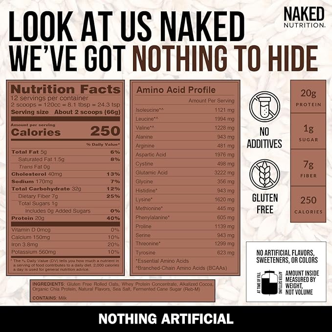 Naked Oats - Double Chocolate Overnight Oats 20g Grass-Fed Protein Gluten-Free Oatmeal Instant Breakfast or Shake High Protein Oatmeal High Fiber Breakfast Shake Non GMO No Soy - 12 Servings