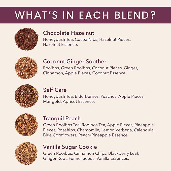 Herbal Tea Sampler – 5 Caffeine-Free Loose Leaf Blends for Sleep and Relaxation Fruity and Dessert-Inspired Flavors 75 to 100 Cups – Handcrafted in USA – Plum Deluxe