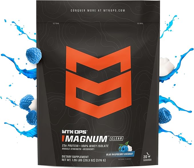 MTN OPS Magnum Clear Protein Powder – 23g 100% Whey Protein Isolate per Serving Low Carb (&lt1g) Quick-Digesting Gluten-Free Low Lactose Refreshing Blue Raspberry Coconut 20 Servings
