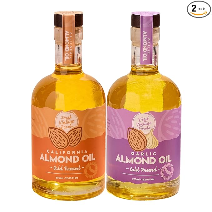 Fresh Vintage Farms Nut Bundle 100% Cold Pressed Almond &amp Garlic Almond Cooking Oils | Cold Pressed &amp Nutritious Healthy Oils for Cooking Baking Dipping Salads &amp Marinades | 375ml Pac