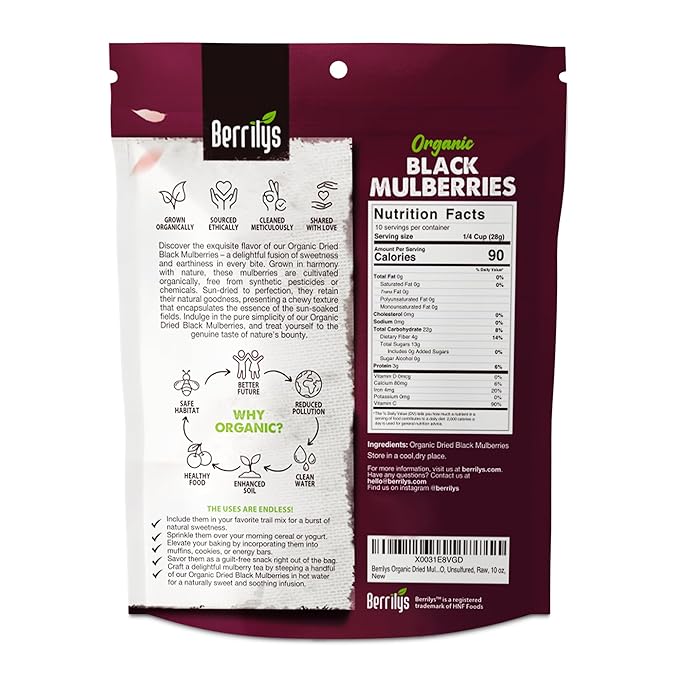 Berrilys Organic Sun-Dried Black Mulberries 4 Pack Bundle [4x10 oz] Raw Gluten Free Mulberry No Preservatives No Additives No Colorings