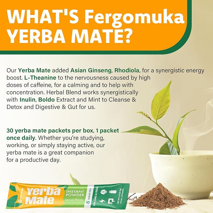 Yerba Mate 4000mg 10 in 1 Super Yerba Mate Tea Instant Powder - No Sugar Clean Energy with No Crash Stay Refreshed and Focused Gut Health with Ginseng Rhodiola Prebiotic L-Theanine 30 Packets