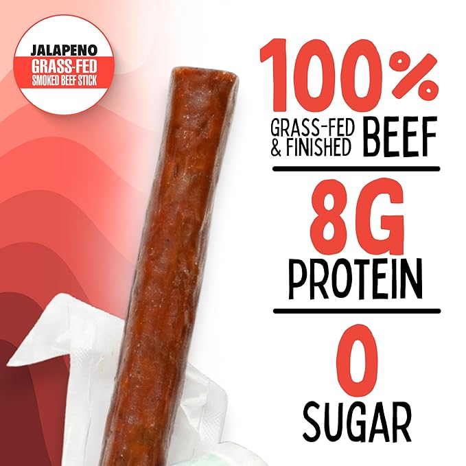 Jalapeno 100% Grass Fed Beef Sticks Sogo Snacks Low Carb and Gluten-Free Snack Hiking and Road Trip Snacks Snack Pack of 48 Level 3.5 of 5 Spicy Jerky Sticks