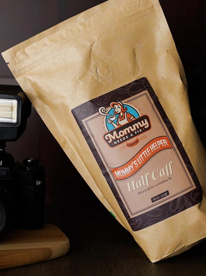 Mommy Needs A Fix Half Caff Ground Coffee | 100% All Natural Arabica Beans | Medium Roast | Chemical Free Swiss Water Process | Pregnancy &amp Breastfeeding Friendly | Roasted in the USA | 1 lb