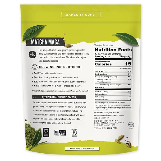 Numi Tea - Organic Matcha Maca Latte Powder – Green Tea Matcha Latte Mix with Adaptogens &amp Antioxidants – Vegan &amp Gluten Free 2.5 oz (Makes 17 Cups)