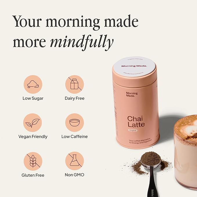 Morning Made Original Chai Latte Powder Mix | Organic Black Tea &amp Spice Blend Low-Caffeine Coffee Alternative | Sweetened Vegan Dairy-Free Gluten-Free | 10.6oz (60 Serves).