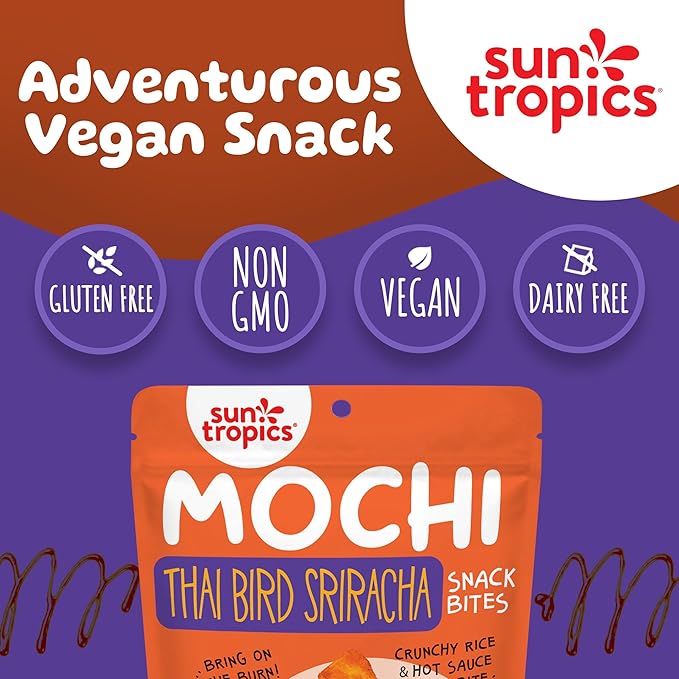 Sun Tropics Mochi Snack Bites Thai Bird Sriracha Flavor- 3.5 oz (6 Pack)| Crispy Spicy Mochi Bites Rice Nuggets | Mochi Puff Rice Crackers- Gluten Free &amp Dairy Free- No MSG Added | Asian Rice Sn