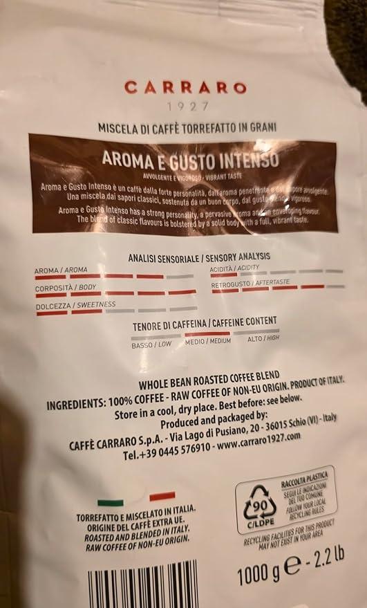Carraro 1927 Aroma e Gusto Intenso Whole Bean Roasted Coffee Blend 1000g 2.2 lb
