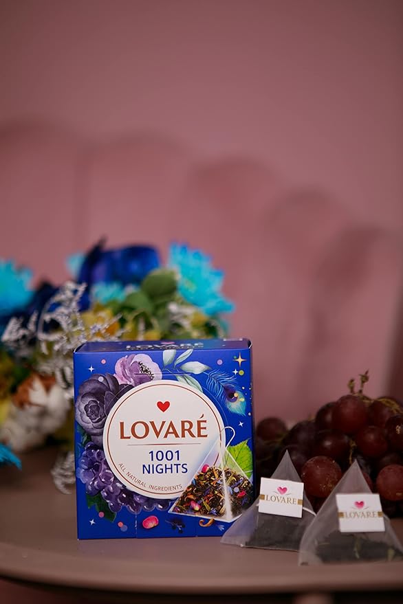 LOVARE Assorted Tea Variety Pack of 60 Pyramids - Made in Ukraine - Set of 4 Pyramid Tea Bags Boxes – 1001 Nights Strawberry Marshmallow Sparkling Splashes Berry Jam - Flavored tea Pyramid Bags