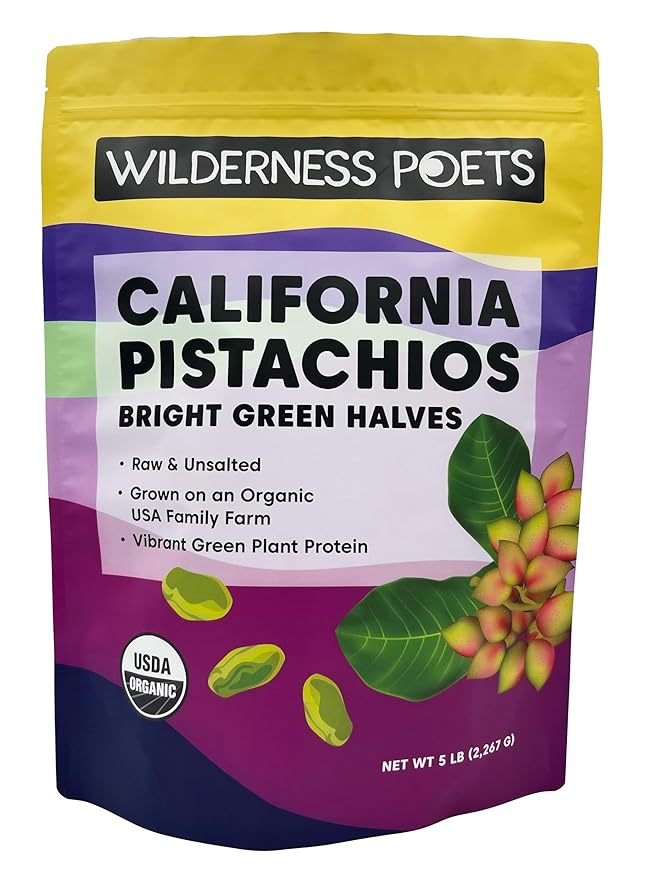 Wilderness Poets Organic Pistachios - Bright Green Pistachio Nut Halves No Salt Grown in California (5 Pound)