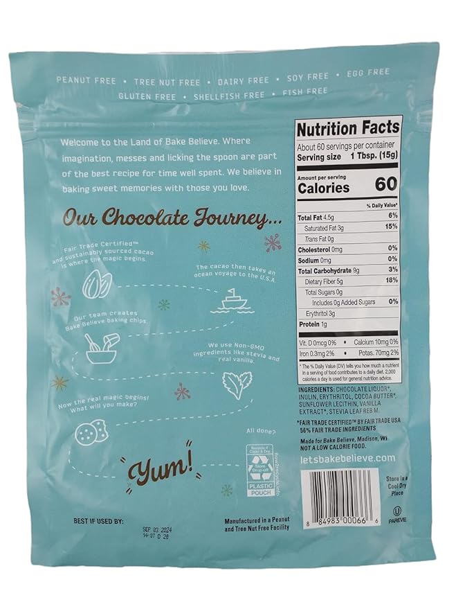 Believe Dark Chocolate Baking Chips No Sugar Added 2 Pounds Allergen Free