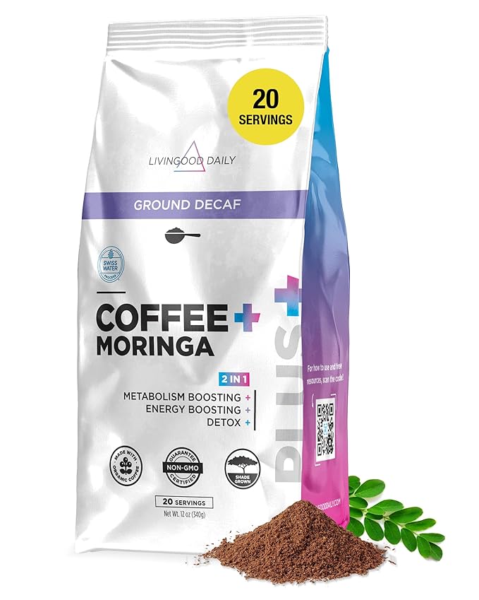 Livingood Daily Coffee with Moringa Ground Decaf Coffee with Plant Based Ingredients for Daily Wellness Made with Moringa Powder Organic Non GMO Vegan Gluten Free 20 Servings 12 oz Bag