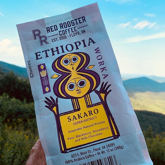 Red Rooster Coffee Ethiopia Worka Sakaro Anaerobic Natural Coffee – Light Roast Single Origin Landrace – Notes of Raspberry Tea Milk Chocolate Plum &amp Mixed Berries – 12oz Whole Bean