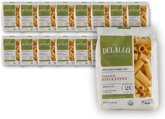 DeLallo Organic Rigatoni Pasta Made with 100% Semolina Durum Wheat Flour Bronze Cut Made in Italy Non-GMO Preservative Free Large Tube Pasta for Baked Dishes 1 Pound Bag (16 Pack)