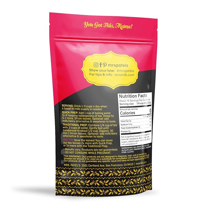 Mrs. Patel's Lactation Tea Chai Spice Blend Rich &amp Sweet For Breastfeeding and Pumping Moms Drink Iced or Hot Loose Leaf Caffeine Free Gluten Free Dairy Free Fenugreek Free (2 Pouches)