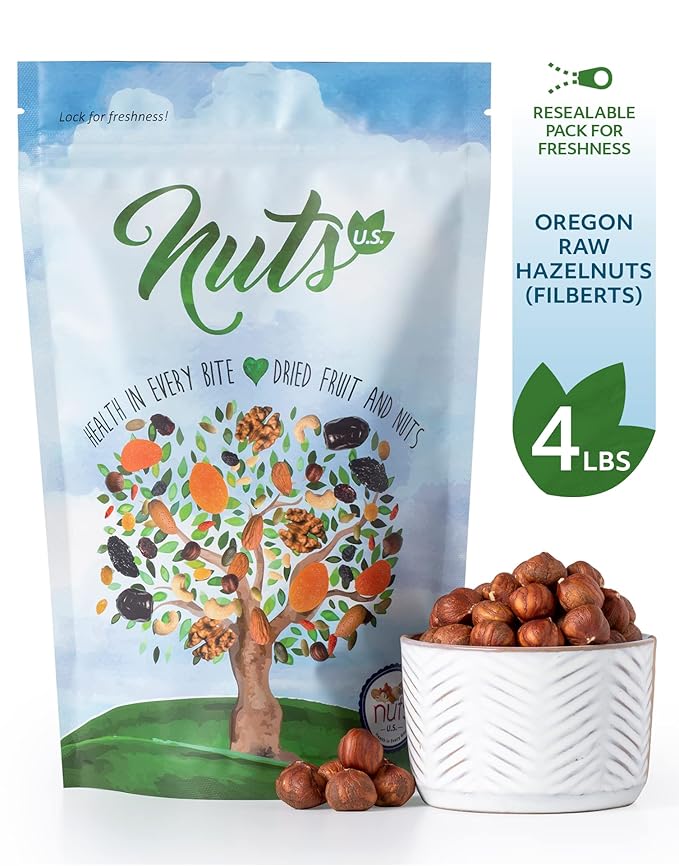 NUTS U.S. - Oregon Hazelnuts (Filberts) | Raw and Unsalted | Steam Pasteurized and NON-GMO | No Shell - Just Kernels | JUMBO SIZE | Packed in Resealable Bags (4 LB)