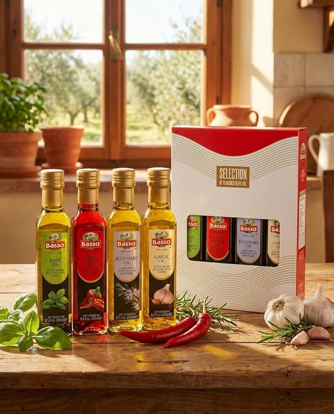 BASSO 1904 - Infused Extra Virgin Olive Oil Gift Box Set First Cold Pressed Variety Pack 4 bottles x 8.5 fl.oz (250ml) Naturally Infused for Dipping &amp Tasting