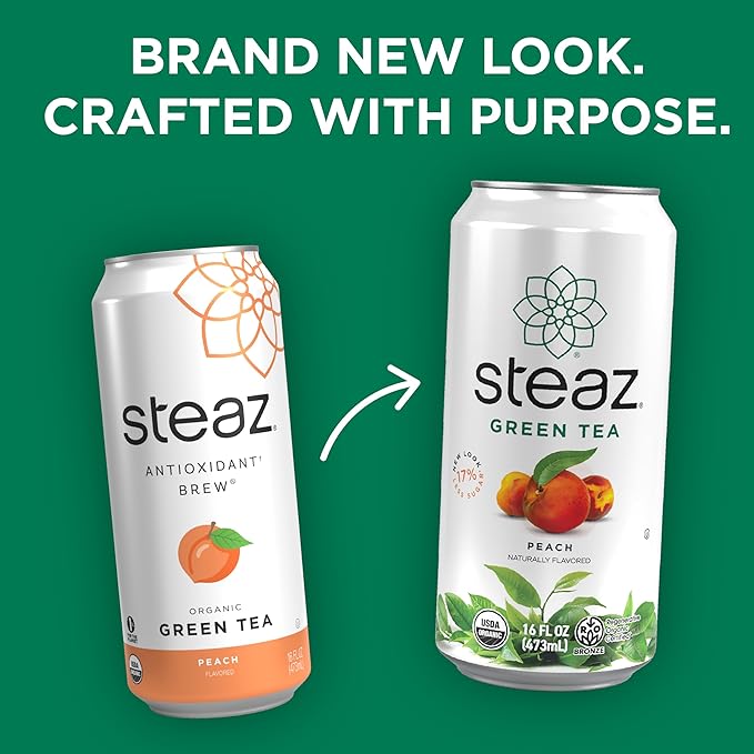 Steaz - Organic Green Tea - Hibiscus Flavored (12 Pack) - Antioxidant Brew - 30mg Natural Caffeine Vitamin C - Cane Sugar Sweetened Iced Tea - Vegan Fair Trade - 12 Cans 16 fl oz (473mL)