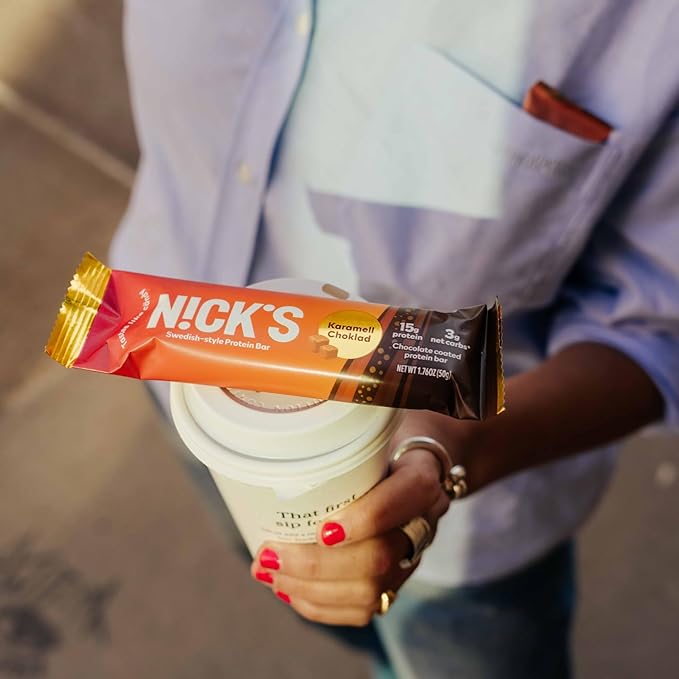 Nick’s Protein Bars Chocolate Caramel – 12-Count Box | Protein-Packed Snack Low Calories Low Carbs Keto Friendly No Added Sugar (12 bars x 50g)