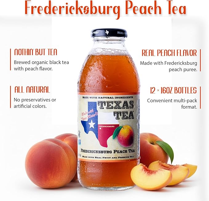 Texas Tea Fredericksburg Peach Tea – Organic Black Tea with Real Texas Peaches NON-GMO Small-Batch Brewed 12-Pack of 16 FL Oz Glass Bottles Refreshing Southern Sweet Peach Iced Tea