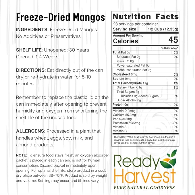 Ready Harvest Freeze Dried Food - Mango | Emergency Snacks | Fruit for Camping &amp Survival | #10 Can | 25-Year Shelf Life | Cans Filled to the Top