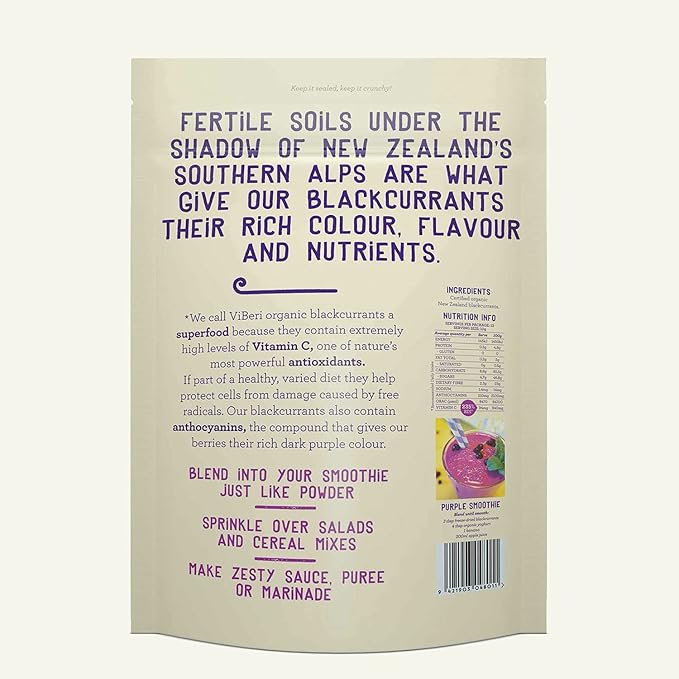 ViBERi Freeze-Dried Organic Blackcurrants 120 g | 100% NZ-Grown Superfruit Berries Natural Vitamin C &amp Anthocyanins Vegan • Non-GMO • No Added Sugar
