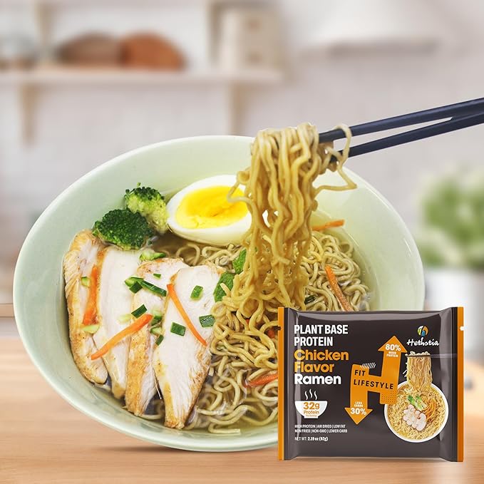 Hethstia High Protein Ramen Soup– 6 Pack Instant Ramen Chicken Flavor Plant-Based Protein (32g) Vegan Vegetarian Non-GMO Low Fat Air-Dried Non-Fried Egg-Free Dairy-Free Quick Meal