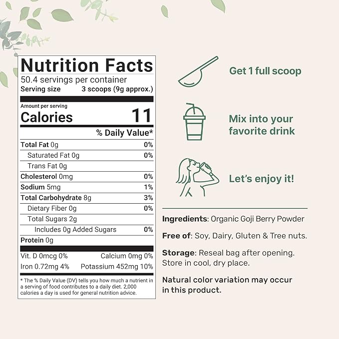 Organic Goji Powder 16 Ounces | 100% Natural Fruit Source | Freeze-Dried Berries | Sulfate &amp Additive Free | Great Flavor for Drinks Snacks &amp Beverages | Non-GMO &amp Vegan