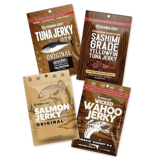 Kaimana Jerky Variety Pack - Ahi Tuna Salmon &amp Wahoo Ono Fish Jerky - All-Natural Wild-Caught Protein-Packed Omega-3 Rich - Made in Hawaii - 4 Bags Great Gift for Dad or Military Care Package