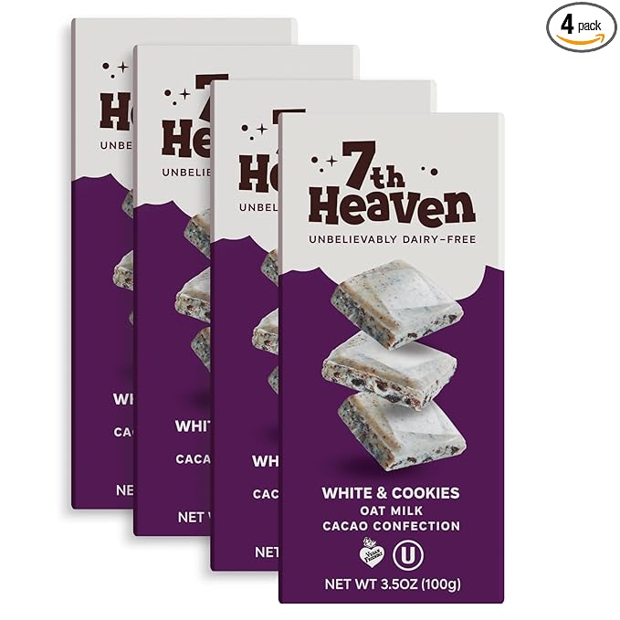 7th Heaven Vegan Oat Milk Chocolate Bars: White &amp Cookies - (3.5 oz - 4 Pack) Healthy Chocolate Perfect Valentines Gift For Your Loved Ones 100% Dairy Free Non GMO Kosher Parve Cruelty Free