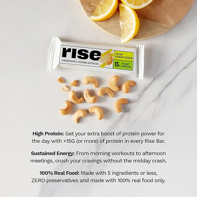 Rise Pea Protein Bar - Vegan Lemon Cashew | Breakfast Bar &amp Protein Snack 15g Protein Just 3 Whole Food Ingredients Non-GMO Gluten-Free Soy Free