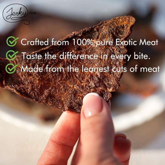 Jerky.com Exotic Jerky Gift Box | 8pc Wild Game Exotic Jerky Variety Pack with Venison Elk Wild Boar &amp Buffalo | High Protein Low Fat Keto Exotic Meat Snacks Jerky Gifts | Birthday Gifts for