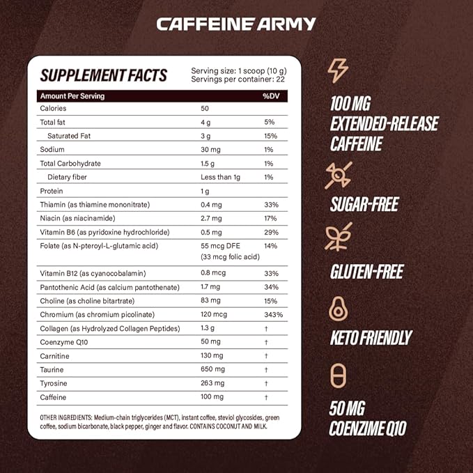 CAFFEINE ARMY ChocoVanilla | Functional Coffee with Collagen Peptides MCTs CoQ10 and Adaptogens: Clean Energy Supports Daily Attention No Jitters or Crash (7.8 oz 22 Servings)
