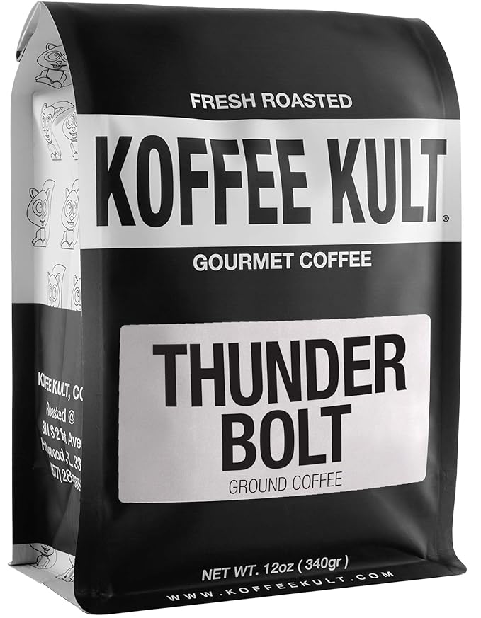 Koffee Kult Thunder Bolt Coffee Super Dark Roast 100% Arabica Robust Blend of Colombian And Brazil (Ground 12oz)