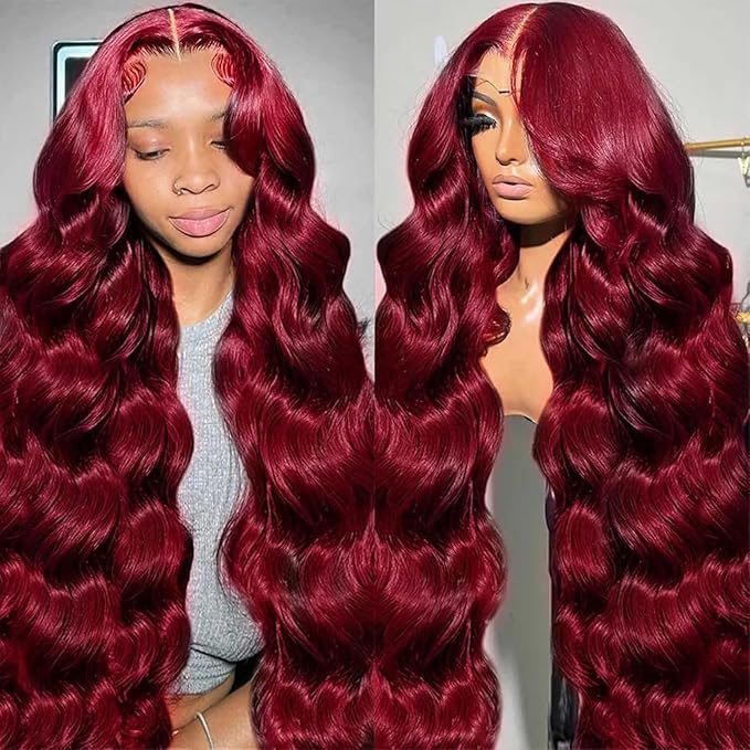 99j Burgundy Lace Front Wigs Human Hair Red Burgundy Wig 180% Density 13x6x1 Body Wave Lace Front Wigs Pre Plucked Glueless Lace Front Wigs Human Hair for Women 30 Inch