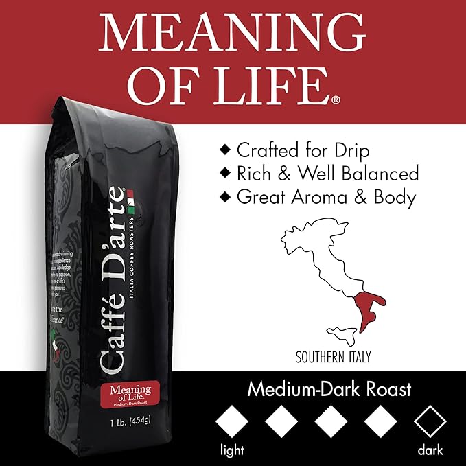 Caffe D'arte Meaning of Life Whole Bean Coffee – Medium‑Dark Roast Well‑Balanced Classic Blend Roasted in Seattle Ideal for Drip Brewing 1 lb