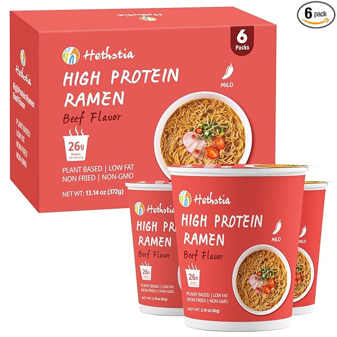 Hethstia High Protein (26g) Ramen Cup Noodles Spicy Beef Flavor 6 Count Plant Based Vegan Noodle Soup Non Fried Low Sugar Low Fat Ready to Eat Healthy Asian Meal &amp Holiday Gift