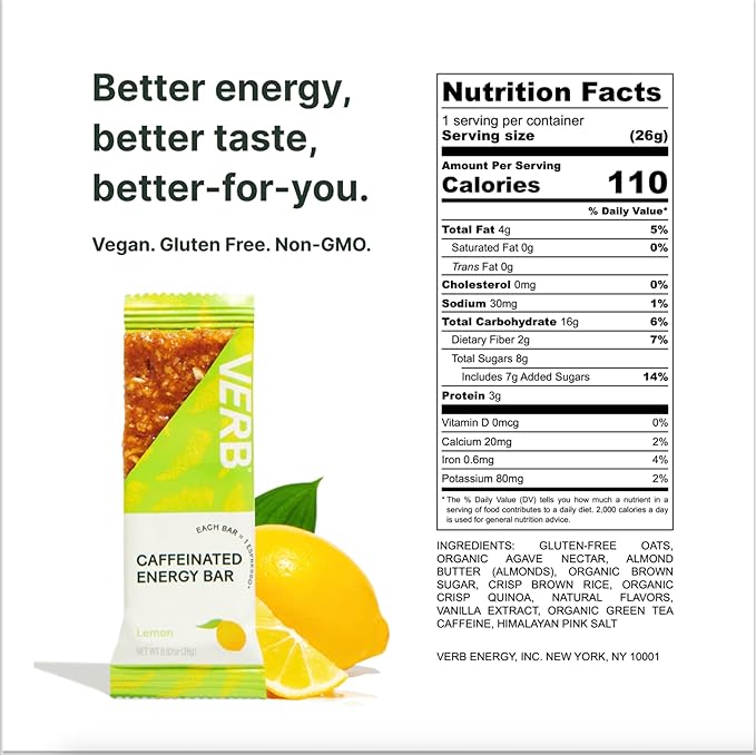 Verb Energy Caffeinated Bars – Lemon Energy (16) Chocolate Chip Cookie Dough Protein (12) Birthday Cake Protein (12) – 40 Count Variety Pack with Organic Green Tea