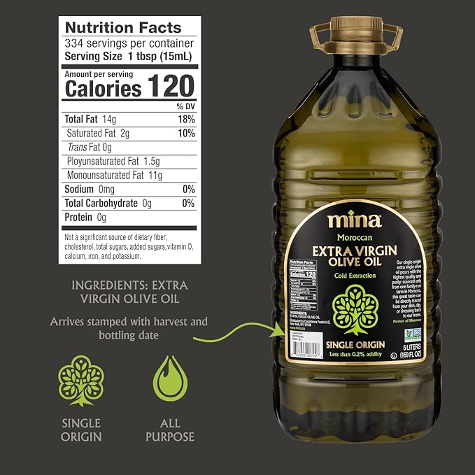 Mina Moroccan Olive Oil Extra Virgin 169 Fl Oz New Harvest Polyphenol Rich Olive Oil Single Origin Extra Virgin Olive Oil Cold Extraction Less than 0.2% Acidity 5 L