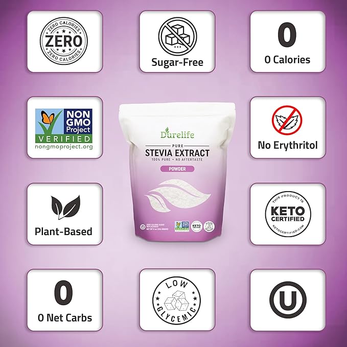 Durelife 100% Pure stevia extract sweetener 8 oz | No Erythritol NON-GMO Project Verified No Fillers Zero Calorie Sugar Substitute | No Aftertaste | Micro-Spoon Included | 8 oz