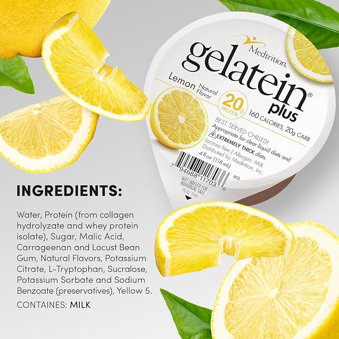 Gelatein Plus Lemon: 20 grams of protein. Ideal for clear liquid diets swallowing difficulties dialysis and oncology. Great pre or post-workout snack. (36 pack)