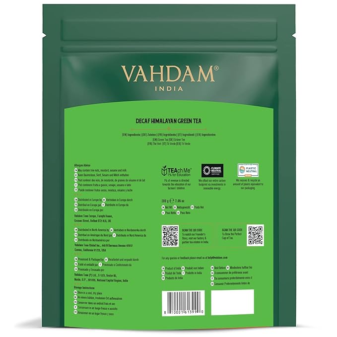VAHDAM Decaf Himalayan Green Tea Bags (100 Pyramid Tea Bags) Caffeine Free Gluten Free | High Grown Decaf Green Tea | Resealable Ziplock Pouch | Pyramid Tea Bags