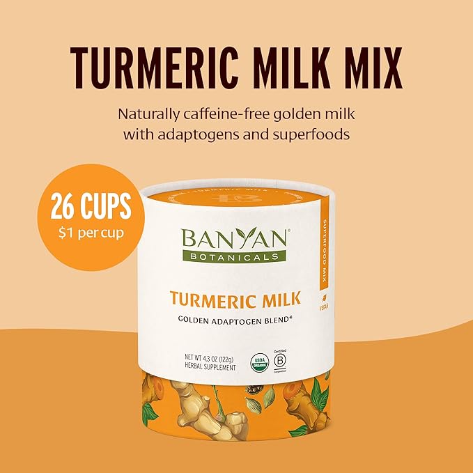 Banyan Botanicals Turmeric Milk – Organic Turmeric Latte Mix with Ashwagandha &amp Cardamom – Instant Caffeine Free Golden Milk with Maple Sugar – 4.3 oz 26 servings –Non GMO Sustainably Sourced Veg