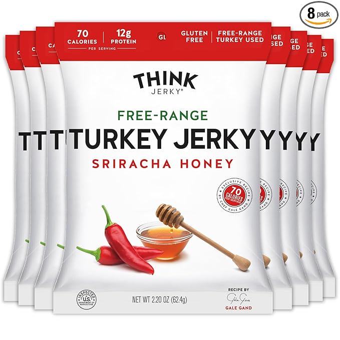 Think Jerky Sriracha Honey Turkey Jerky High Protein Free-Range Turkey Gluten Free No Antibiotics or Nitrates Healthy Chef Crafted Recipe Low Calorie and Low Fat - 2.2 oz Bags 8 Pack